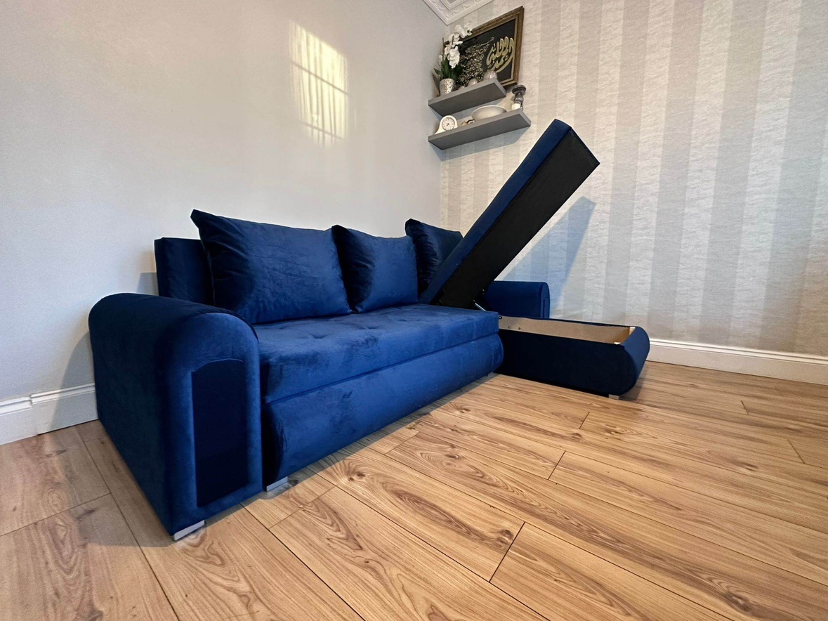 Blue Velvet L-Shaped Sofa Bed with Storage