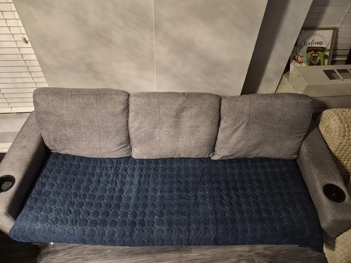 Grey 3-Seater Sofa with Built-in Cup Holders