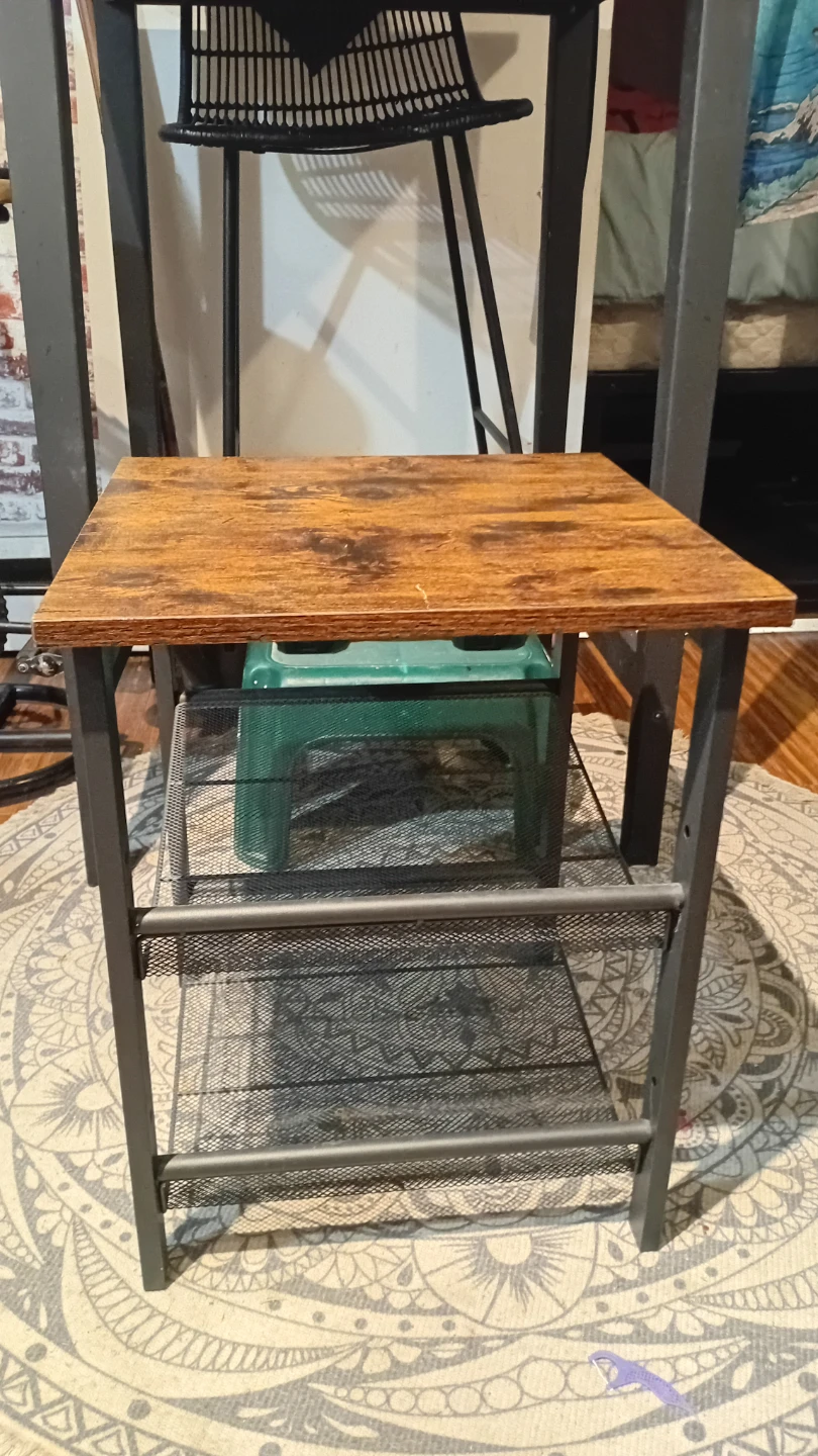 Rustic Wood Top Side Table with 2 Mesh Shelves