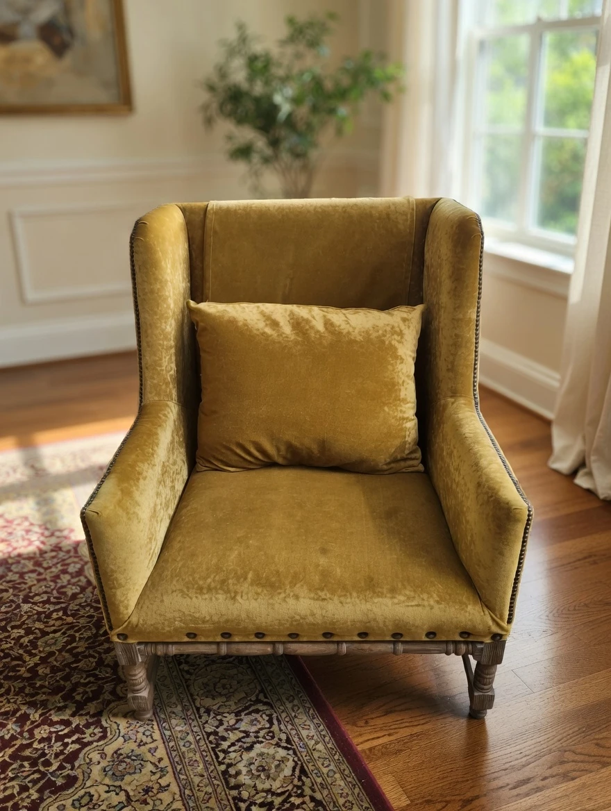 Gold Velvet Wingback Accent Chair with Pillow
