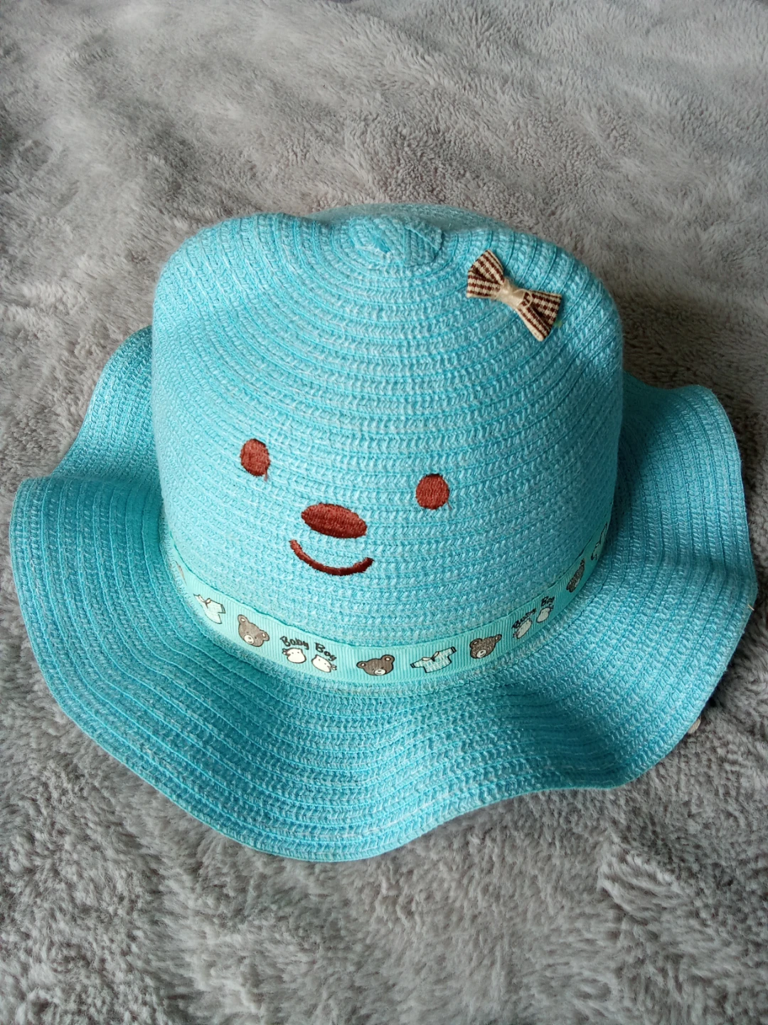 Blue Woven Sun Hat with Bear Pattern