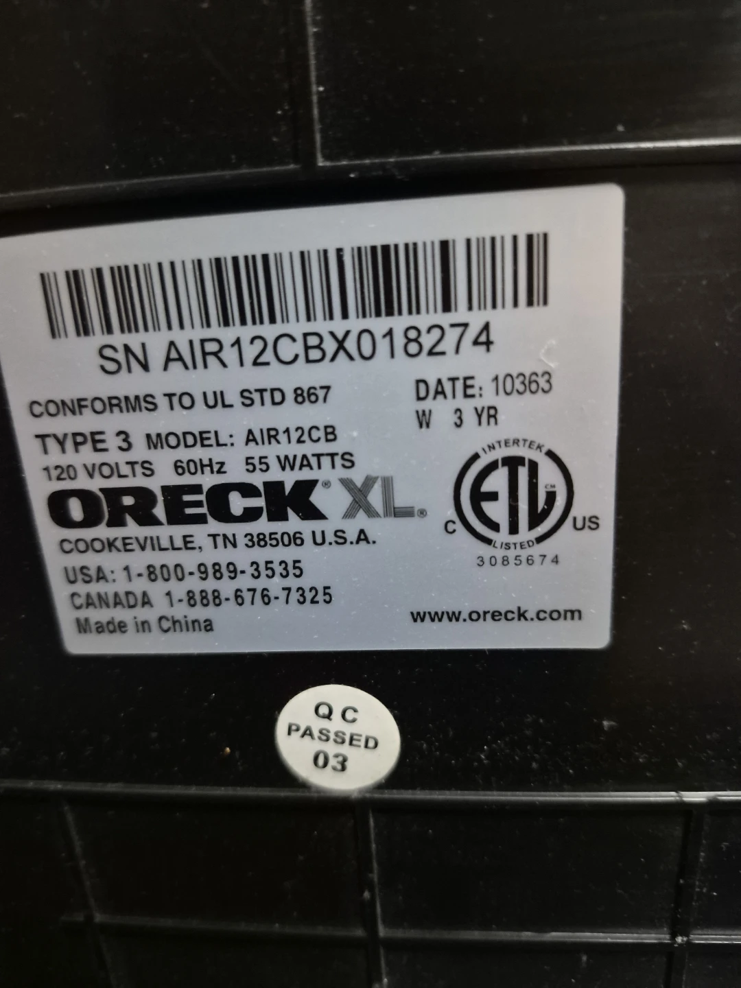 Oreck XL Air12cb ROOM air cleanse - photo 2