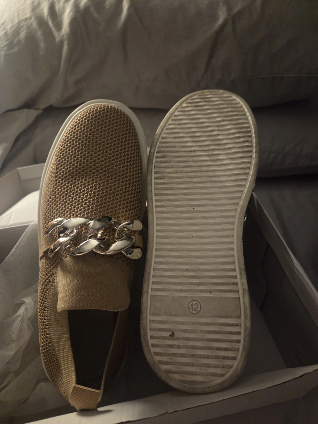 Tan Knit Slip-On Sneakers with Silver Chain Detail - photo 3