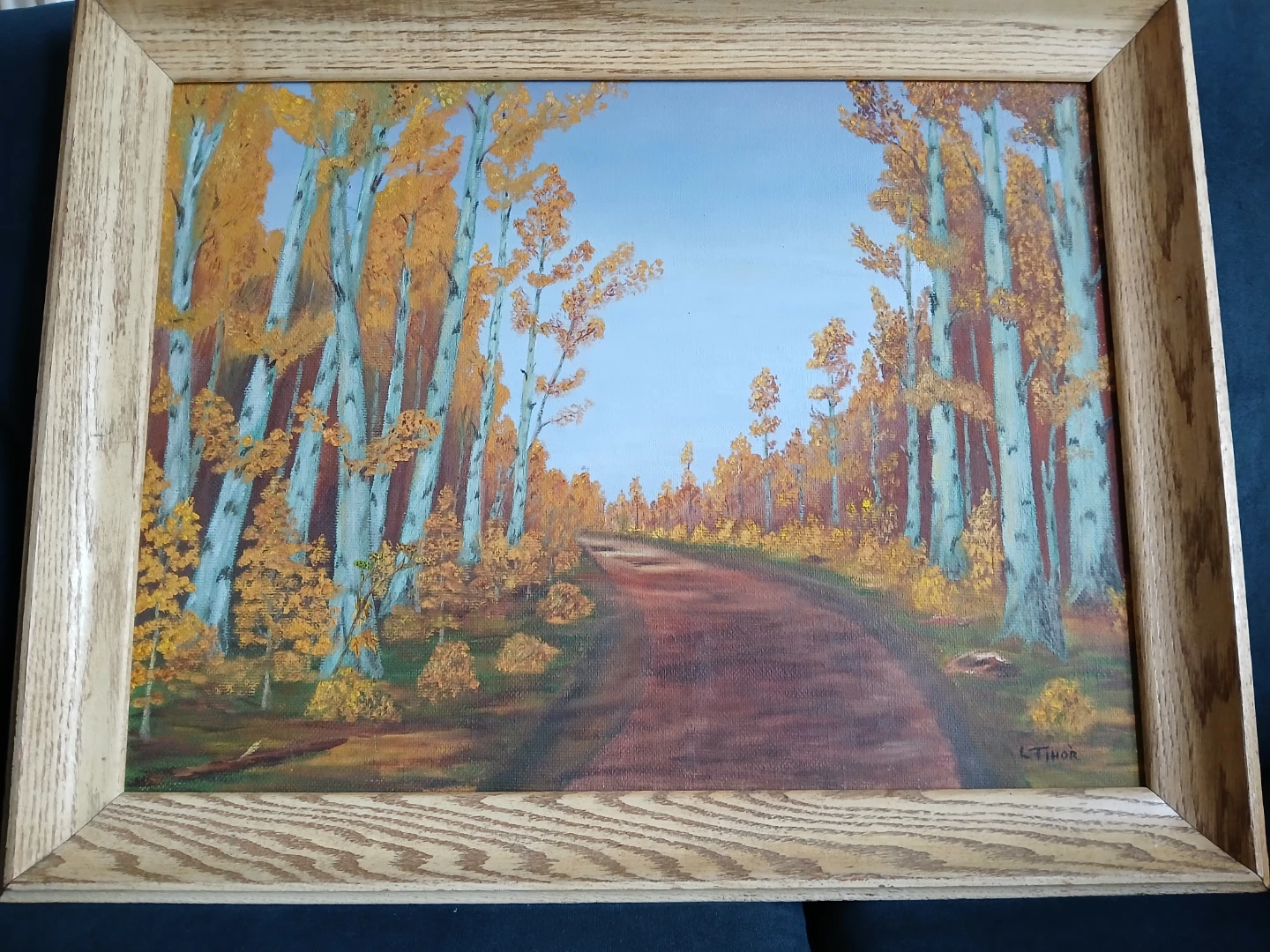 Framed Autumn Forest Landscape Painting by L. Thor