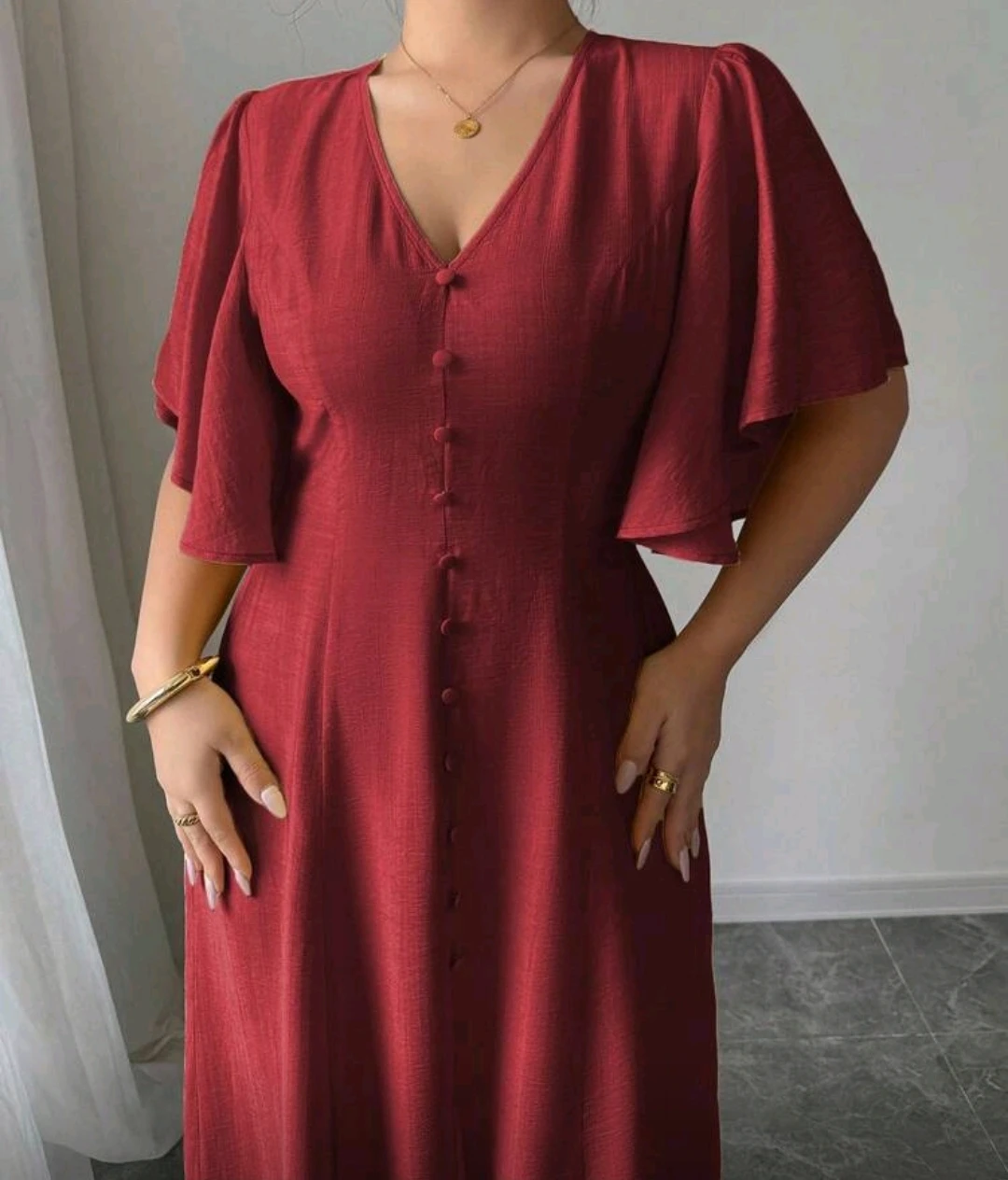 Red Flutter Sleeve Button-Front Maxi Dress