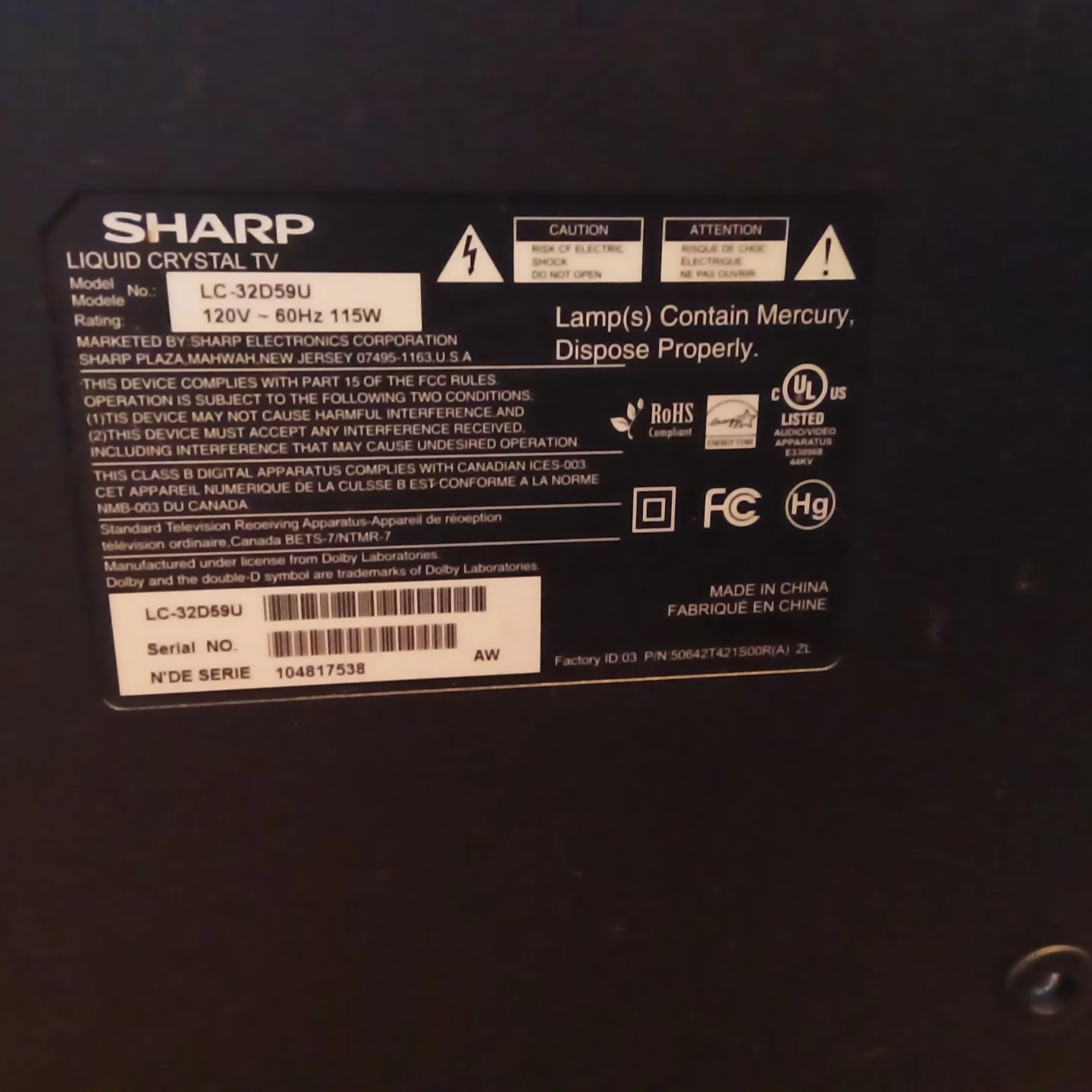 Sharp Aquos LC-32D59U 32" LCD TV - photo 3