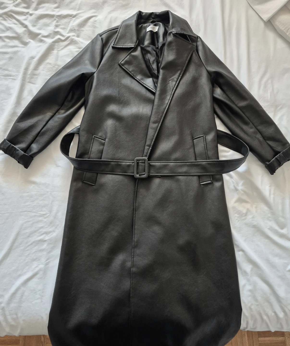 Black Faux Leather Trench Coat with Belt