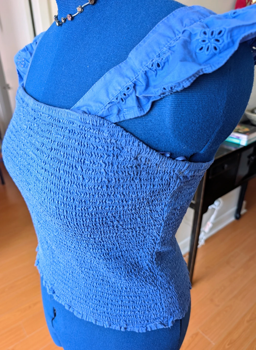 Blue Smocked Crop Top with Eyelet Trim