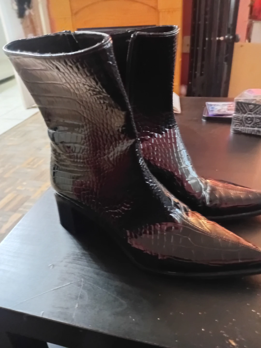 Black Croc-Embossed Pointed Toe Ankle Boots
