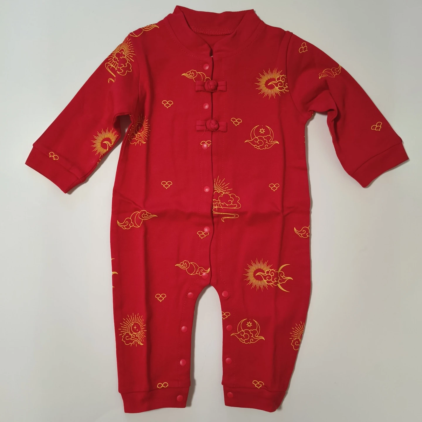 Red Baby long sleeve Romper w/ Gold Sun and Cloud Print