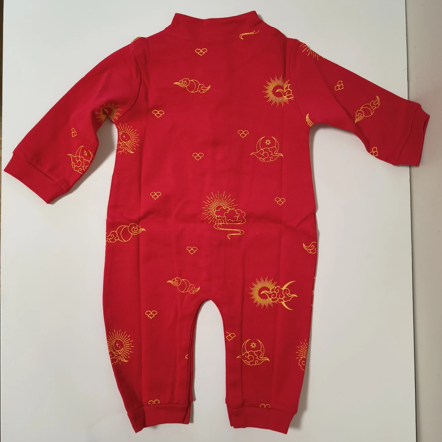 Red Baby long sleeve Romper w/ Gold Sun and Cloud Print - photo 2