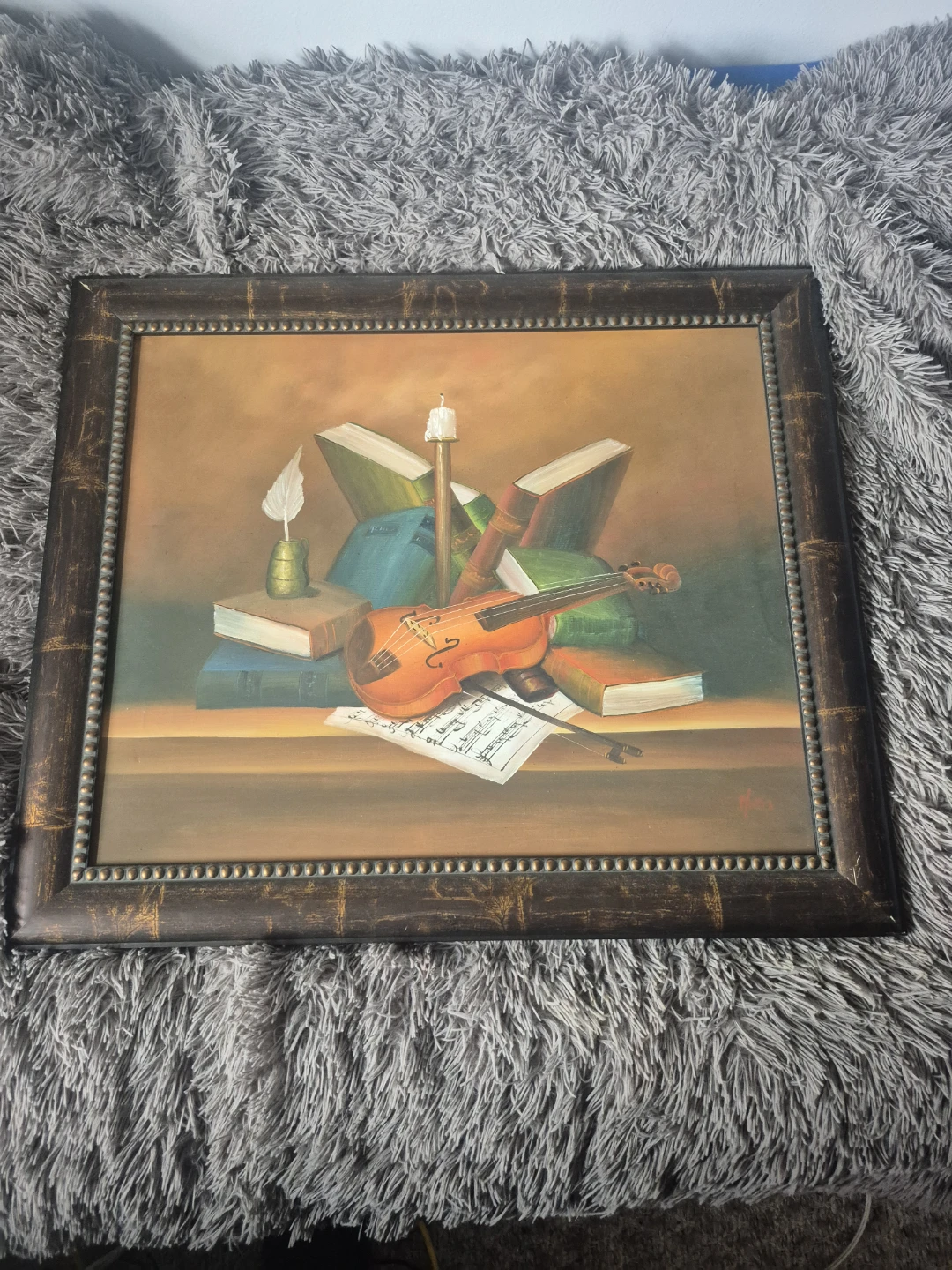 Framed Still Life Painting - Violin and Books