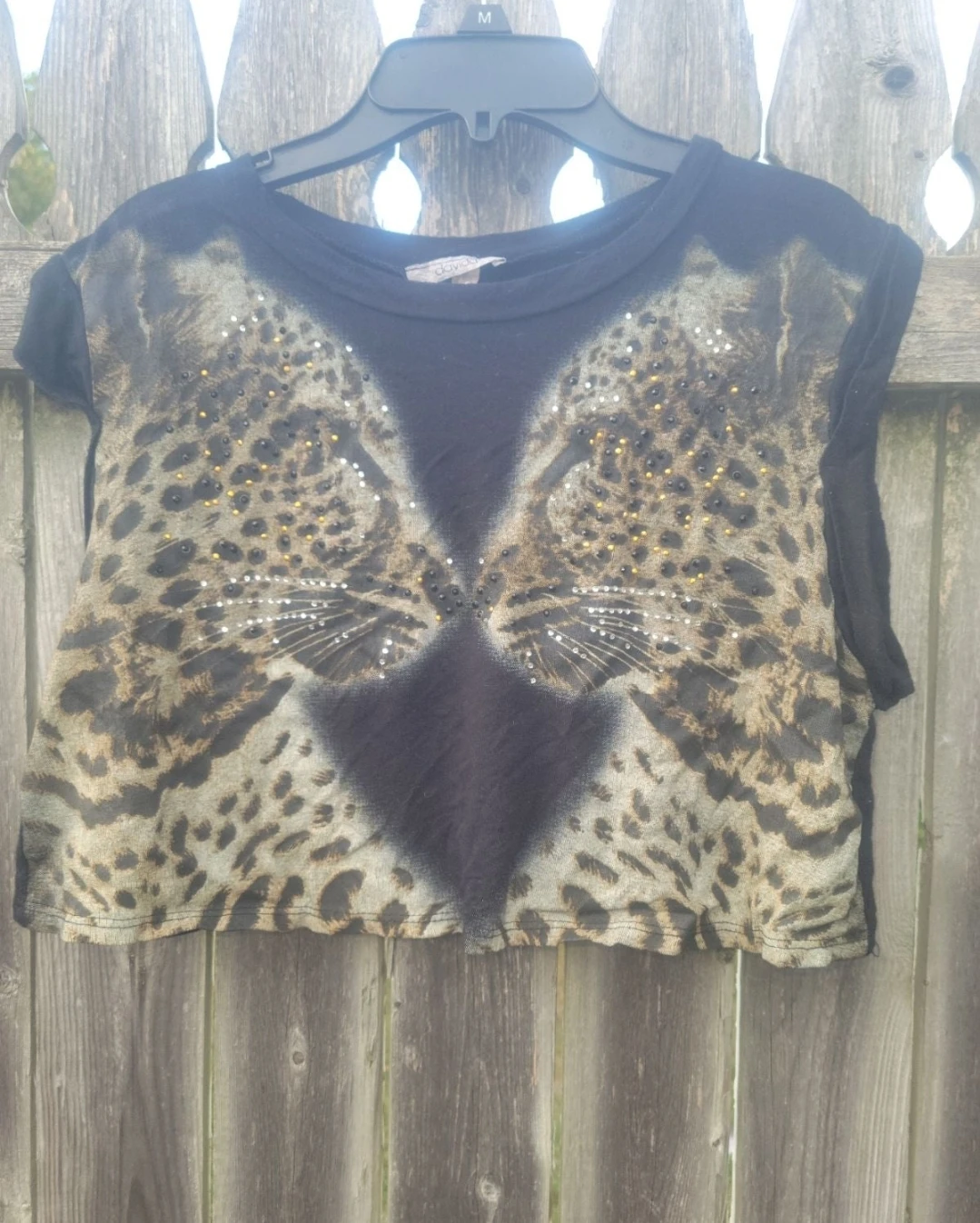 Women's Black Leopard Face Rhinestone Crop Top