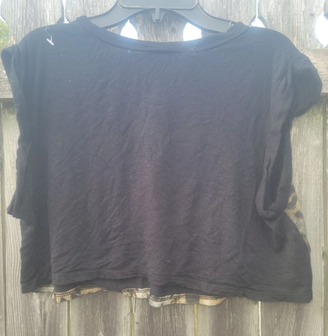 Women's Black Leopard Face Rhinestone Crop Top - photo 2