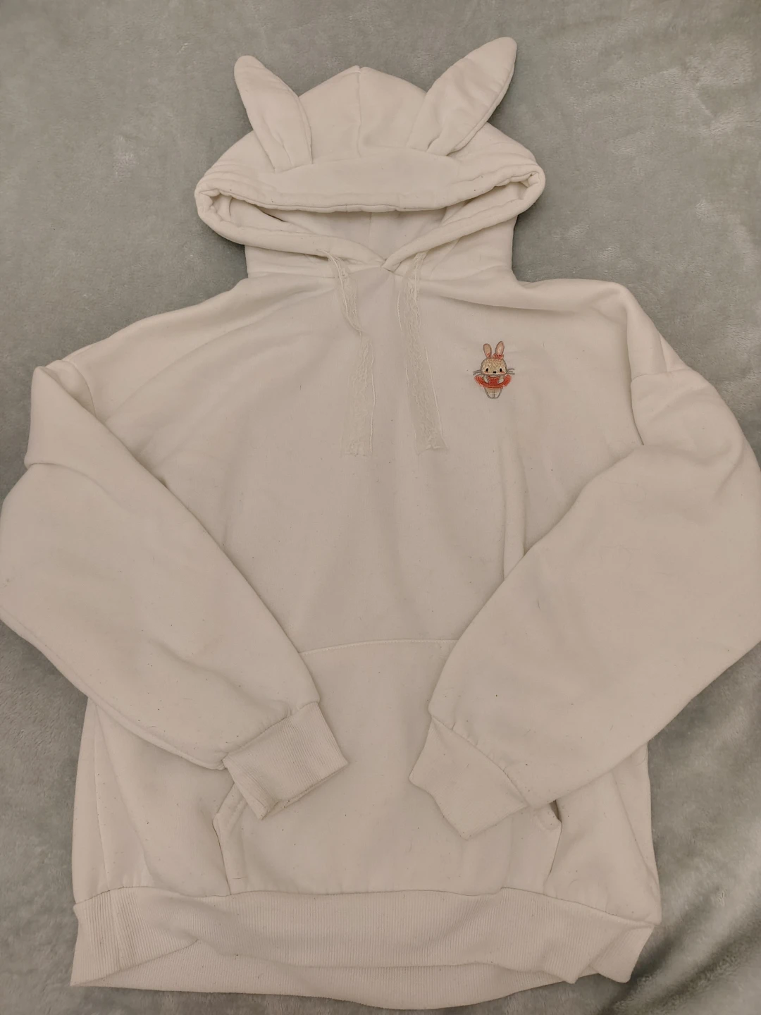 White Hoodie with Bunny Embroidery and Ears -S/M