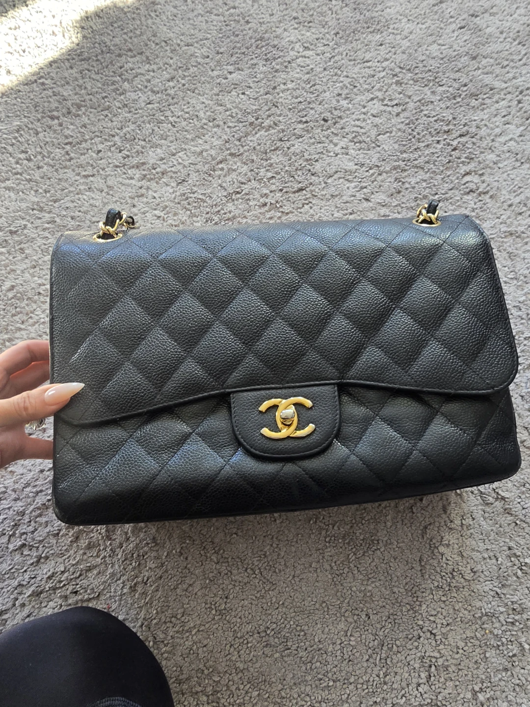 CHANEL JUMBO CAVIAR GHW Black Quilted Leather Shoulder Bag