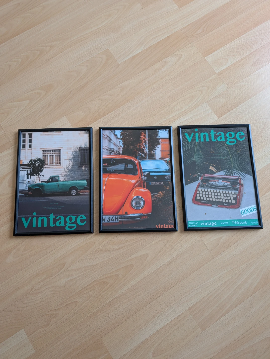 Set of 3 Vintage Style Prints in frame,  Cars Typewriter