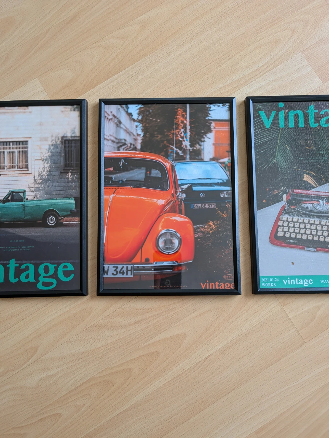 Set of 3 Vintage Style Prints in frame,  Cars Typewriter - photo 3