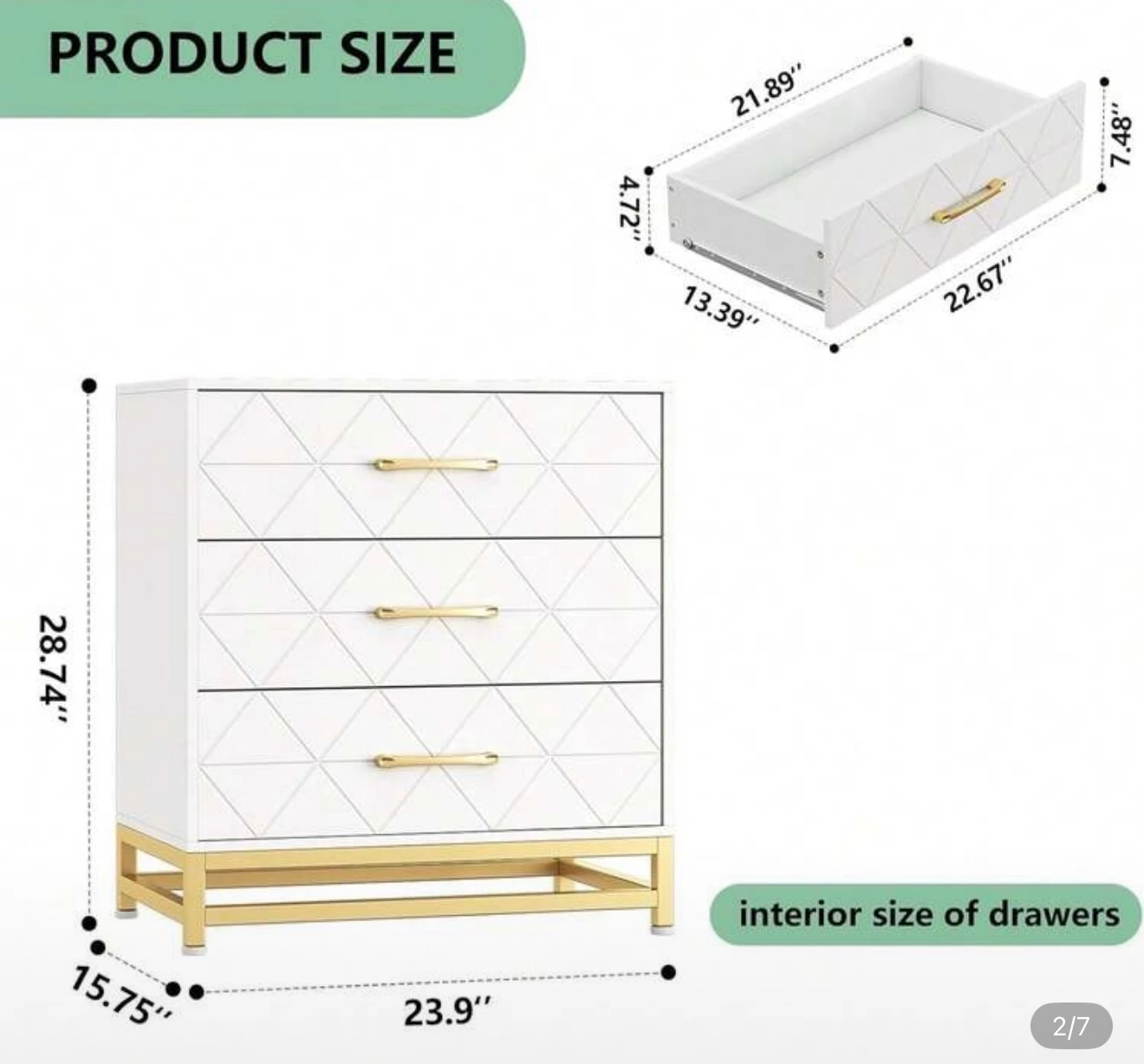 White 3-Drawer Dresser with Gold Handles - photo 2