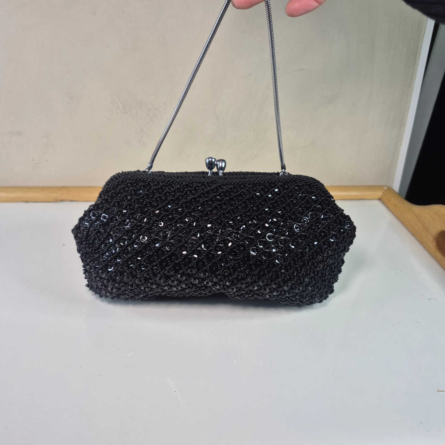 Black Beaded Clutch Evening Bag with Silver Chain