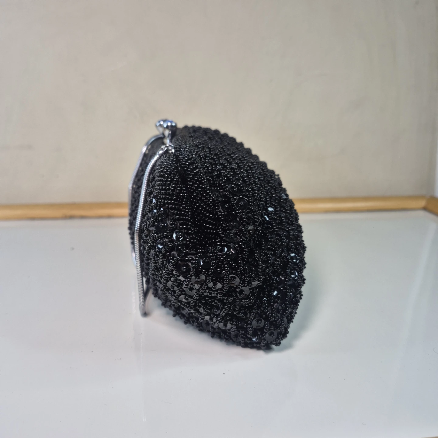 Black Beaded Clutch Evening Bag with Silver Chain - photo 2
