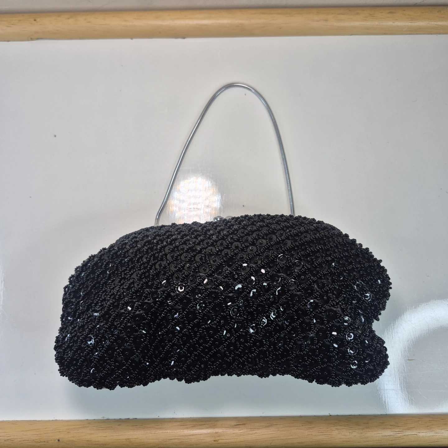 Black Beaded Clutch Evening Bag with Silver Chain - photo 3