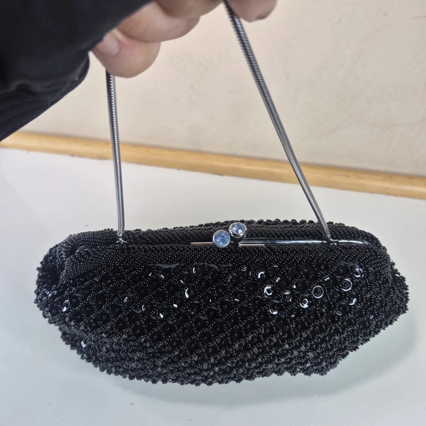 Black Beaded Clutch Evening Bag with Silver Chain - photo 4