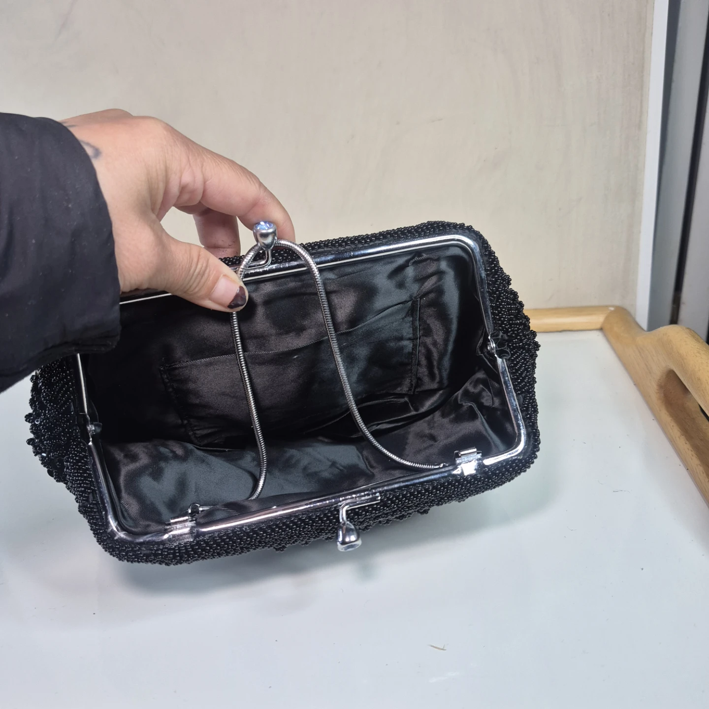 Black Beaded Clutch Evening Bag with Silver Chain - photo 5