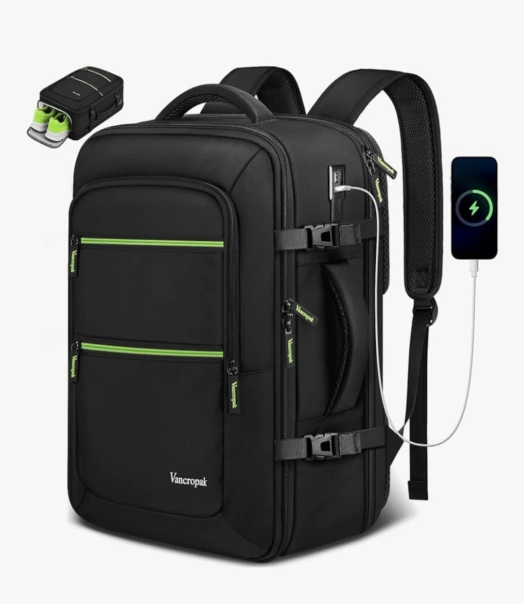 Vancropak Black Travel Backpack with Removable Shoe Compartment