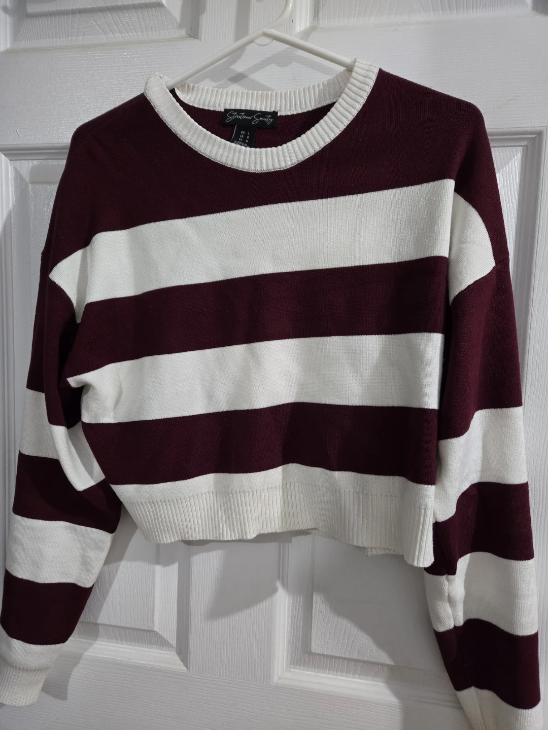 Maroon and White Striped Cropped Sweater - Size L