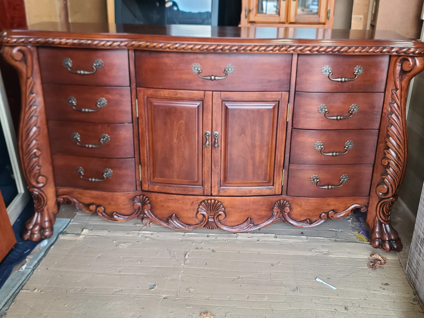 Ornate Carved Wood Dresser and Mirror Set