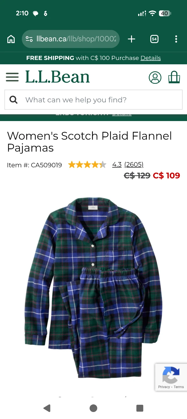L.L.Bean Women's Plaid Pajama Set