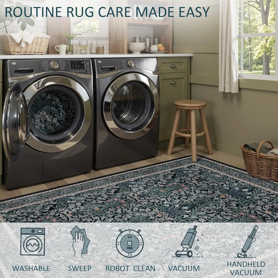 2x3 Washable Floral Area Rug, Black & Gray Non-Slip Carpet - photo 5