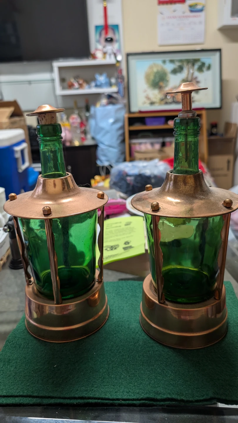 Set of 2 Green Glass and Copper Lanterns