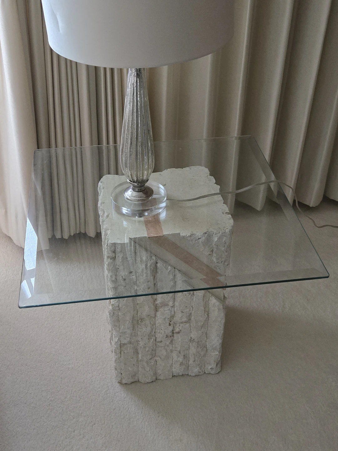 Stone Block Side Table with Glass Top