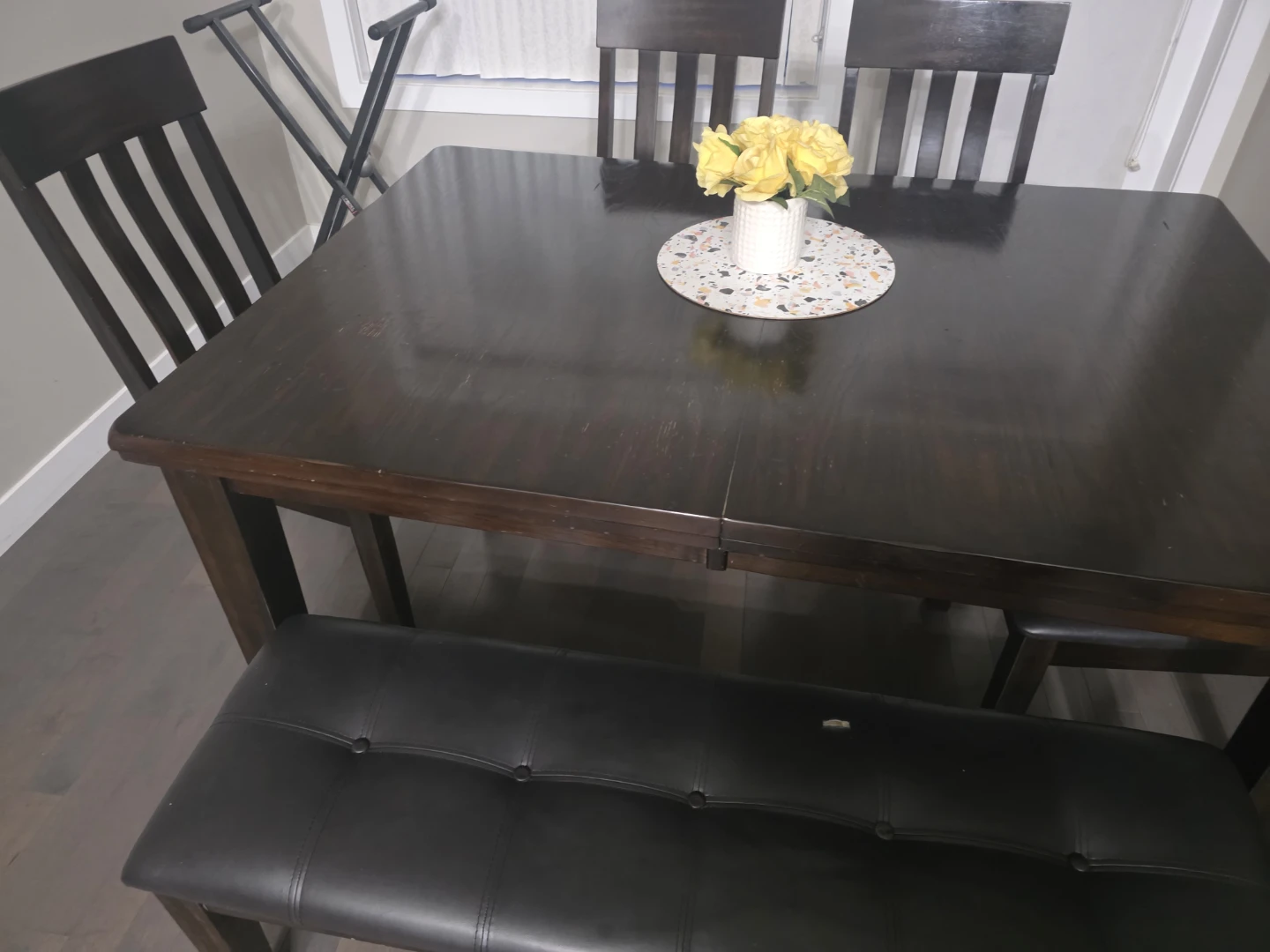 Dark Wood Dining Table with Chairs and Bench