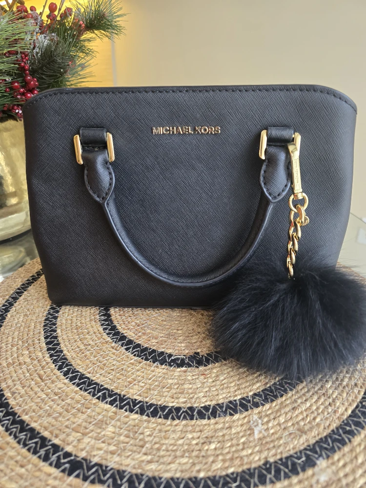 Michael Kors Black Leather Satchel Handbag with Fur Pom Pom
