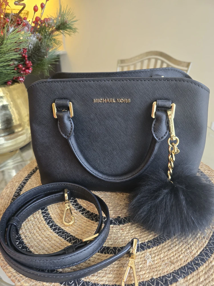 Michael Kors Black Leather Satchel Handbag with Fur Pom Pom - photo 3