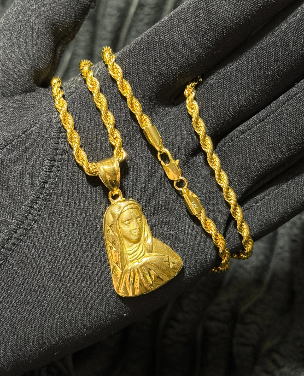 14k Gold plated Tone Rope Chain Necklace with Religious Pendant
