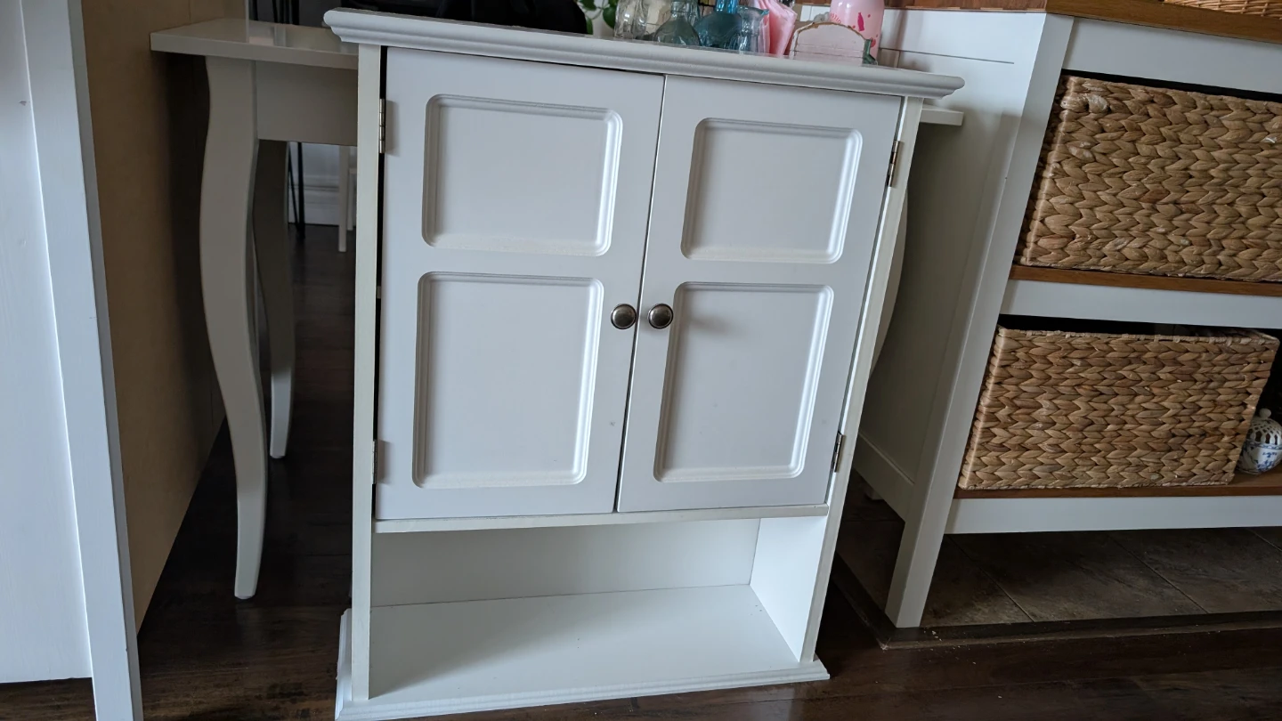 White Two-Door Cabinet with Open Shelf