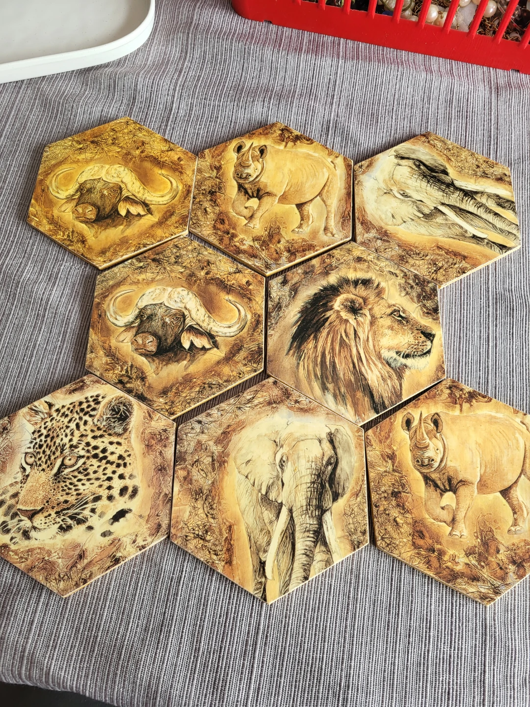 Set of 8 Hexagonal Coasters with Wildlife Designs