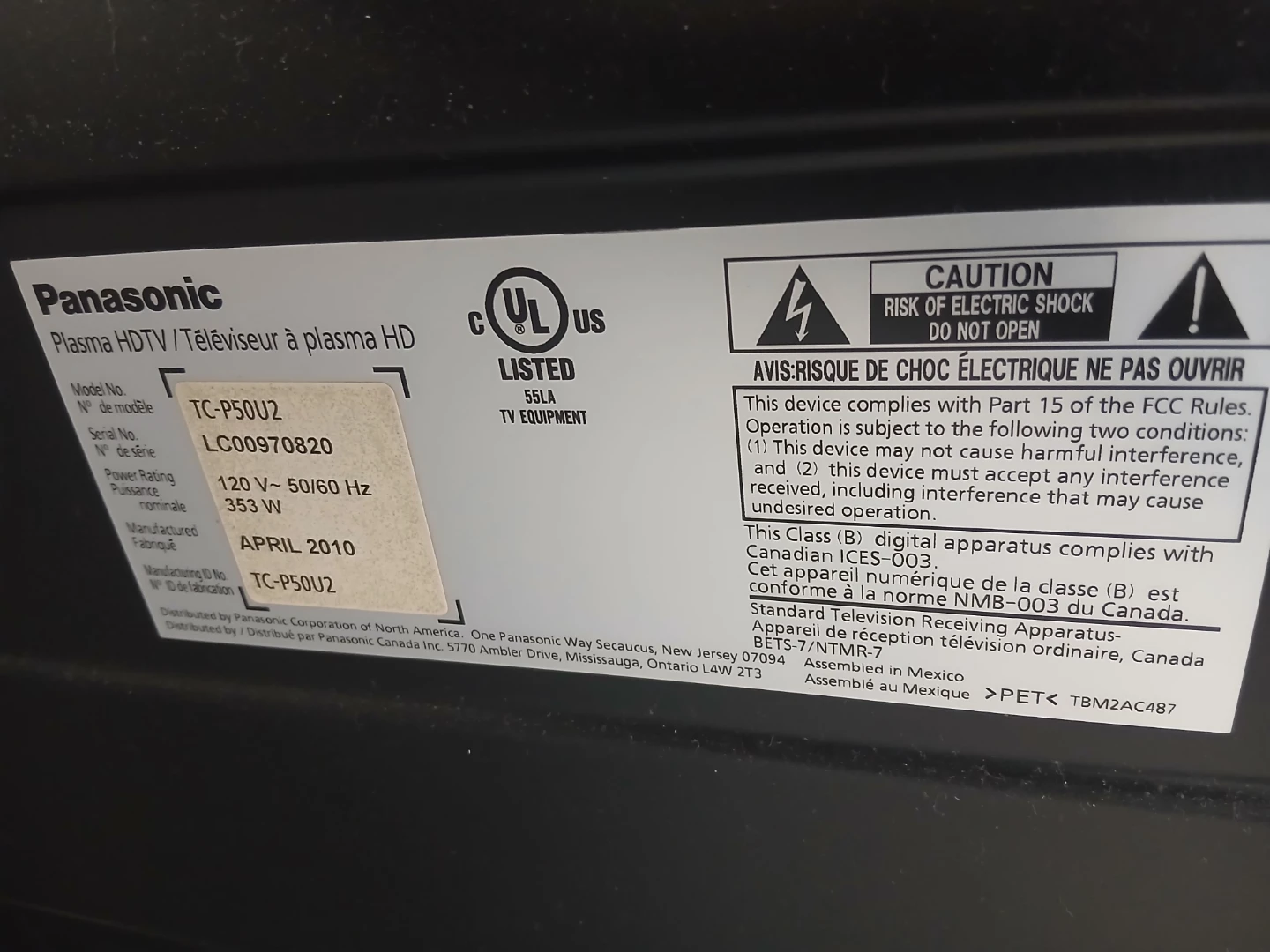 Téléviseur Plasma Panasonic TC-P50U2 HDTV 50 pouces - photo 5