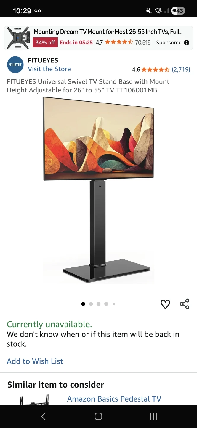 FITUEYES Universal Swivel TV Stand Base (for 26"-55" TVs)