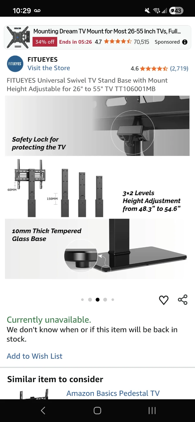 FITUEYES Universal Swivel TV Stand Base (for 26"-55" TVs) - photo 4