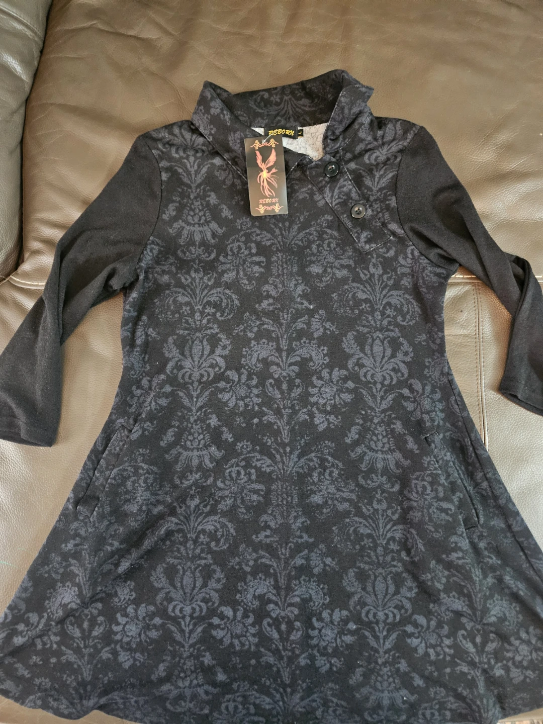 Reborn Black Damask Print Long Sleeve Dress Size L