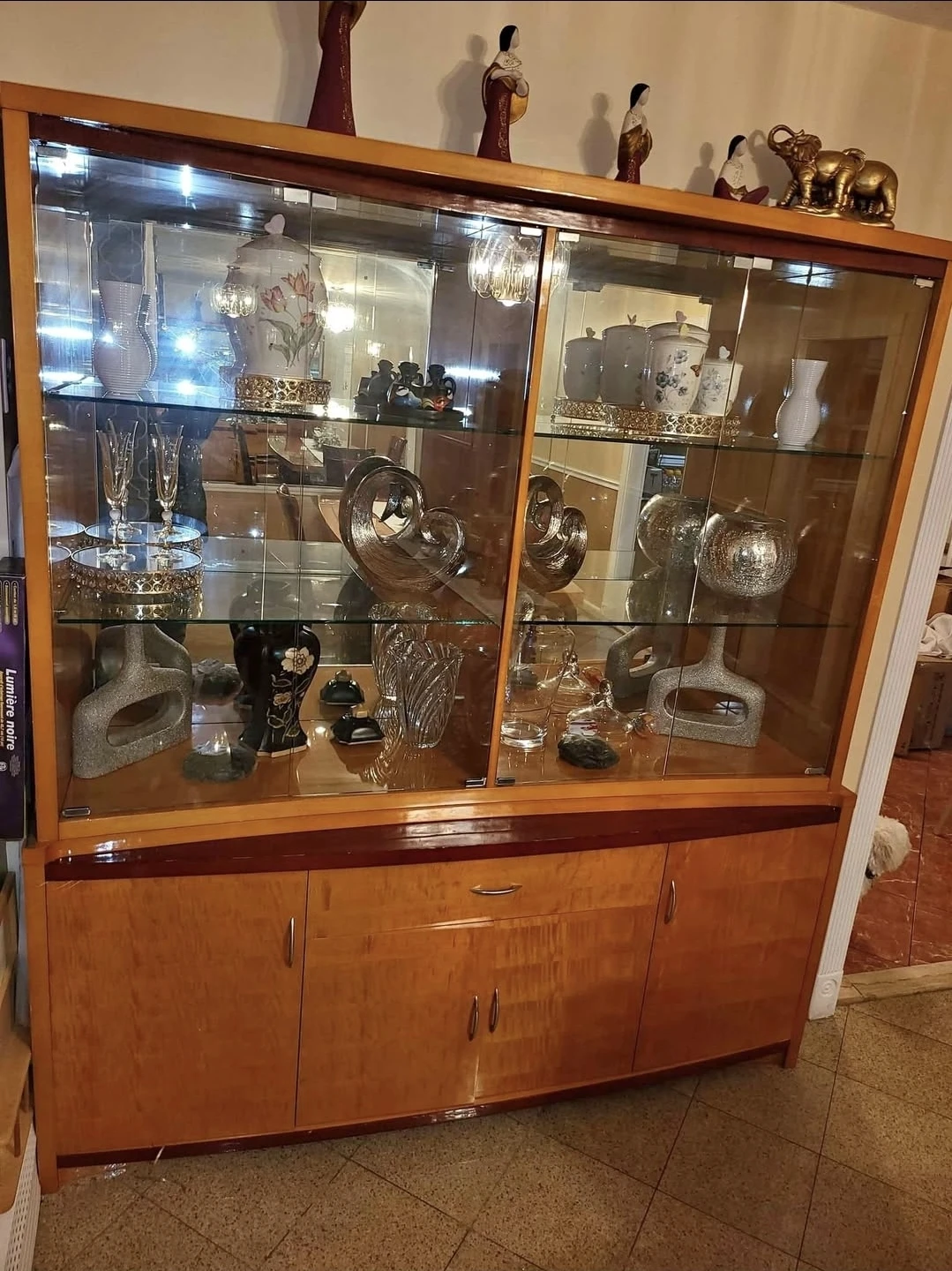 Vintage Wood Display Cabinet with Glass Doors