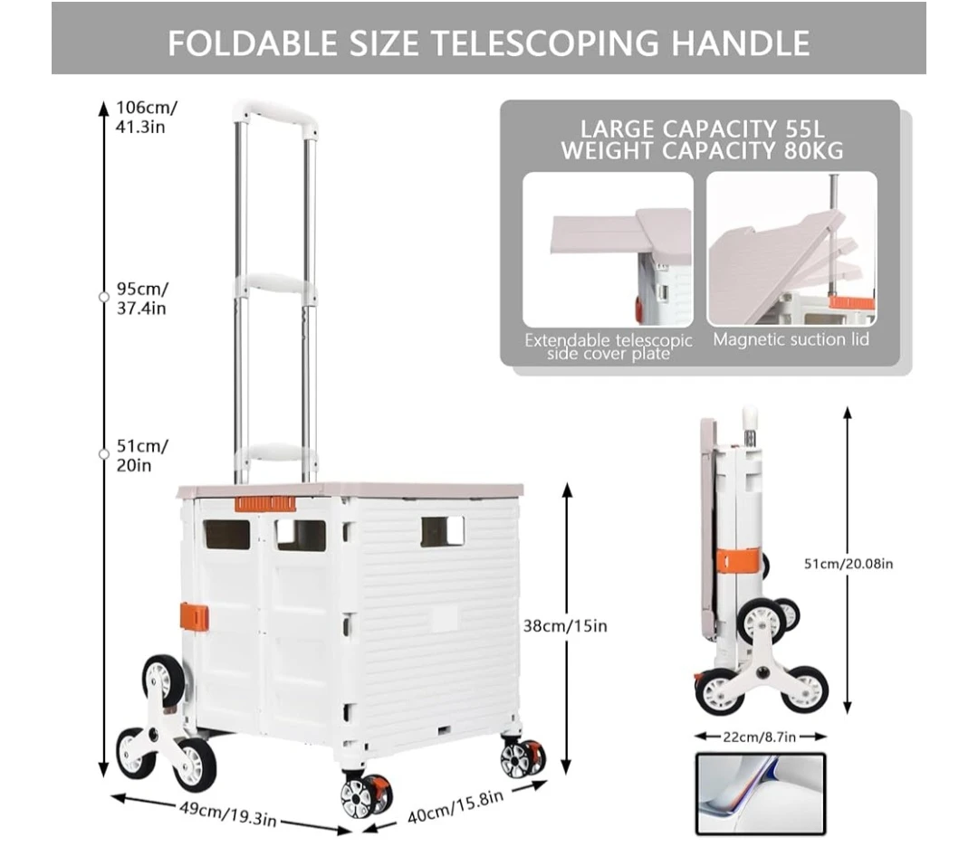 Foldable Shopping Cart with 55L Capacity and Telescoping Handle