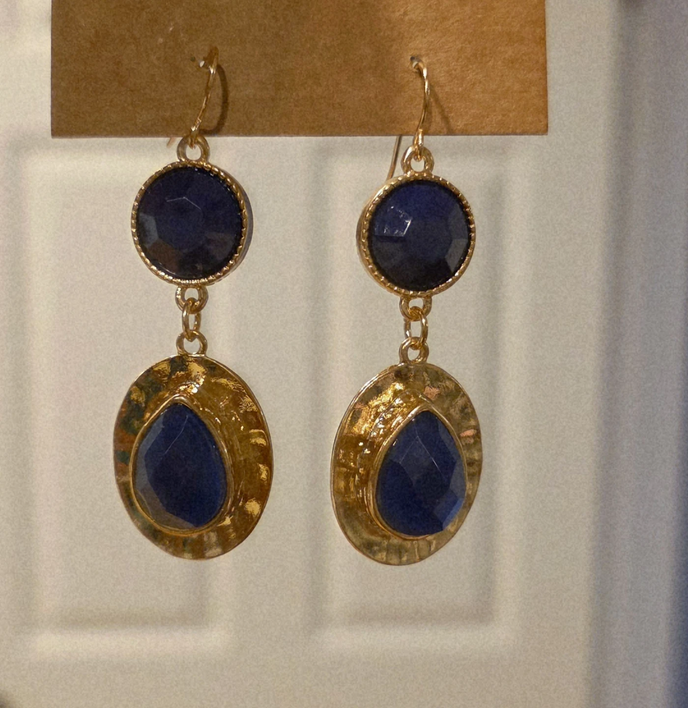 Gold Tone Drop Earrings with Blue Stones