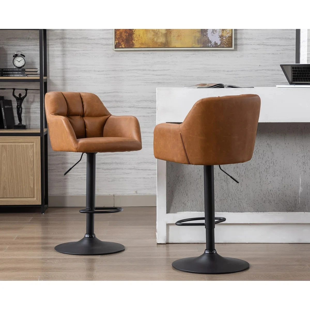Set of 2 Brown Tufted Adjustable Bar Stools
