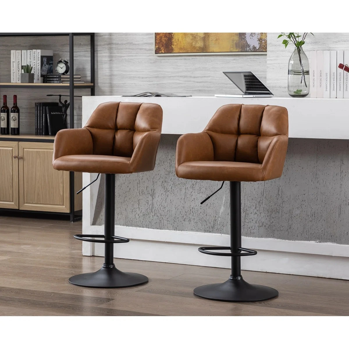Set of 2 Brown Tufted Adjustable Bar Stools - photo 2